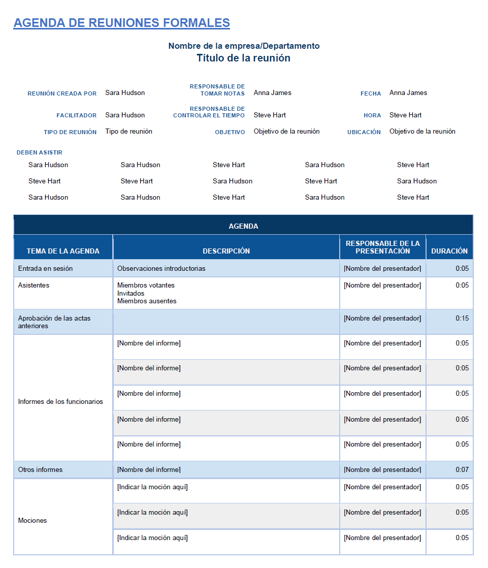  AGENDA DE LA REUNIÓN FORMAL