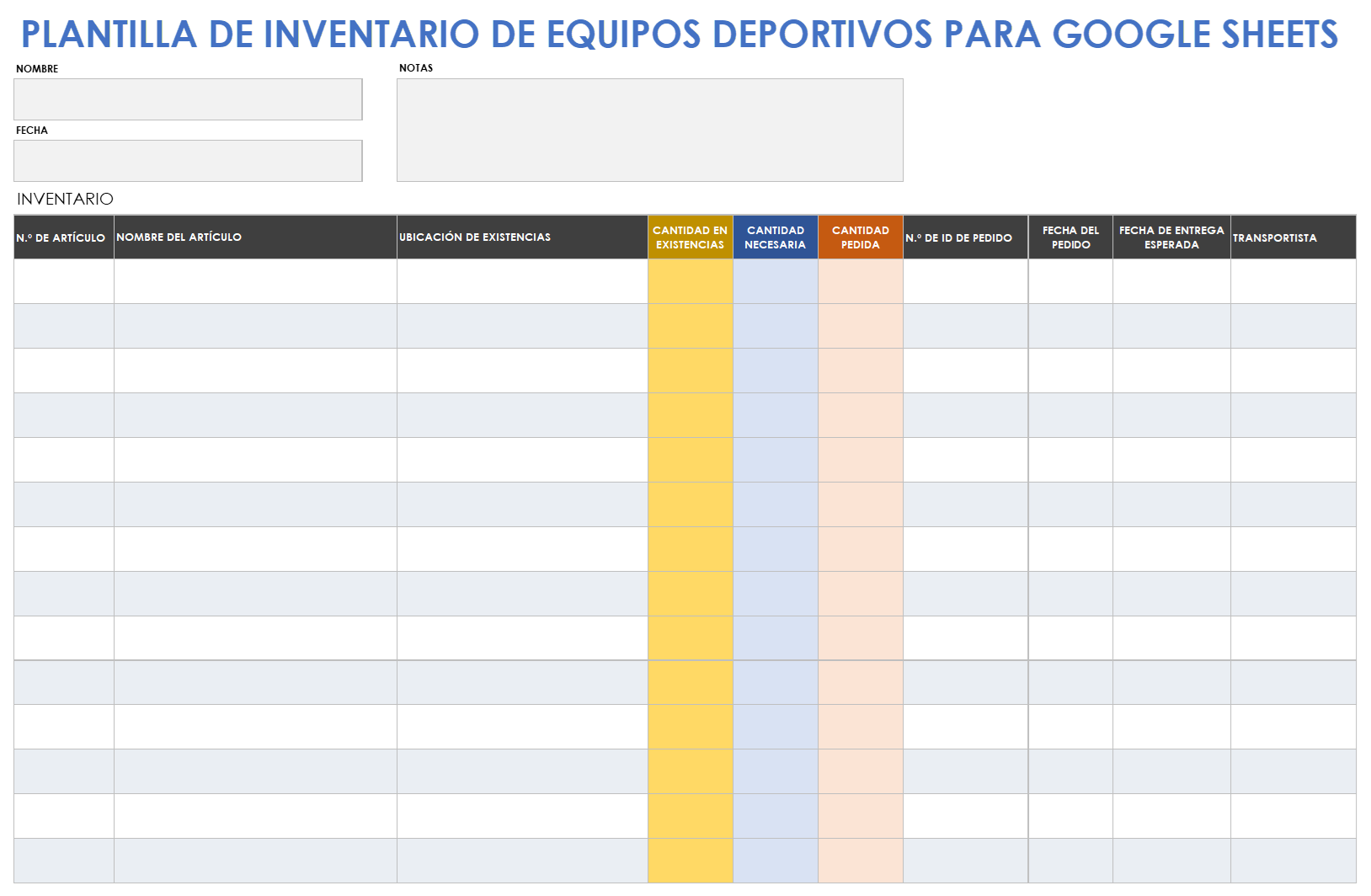  Plantilla de inventario de equipos deportivos de Google Sheets