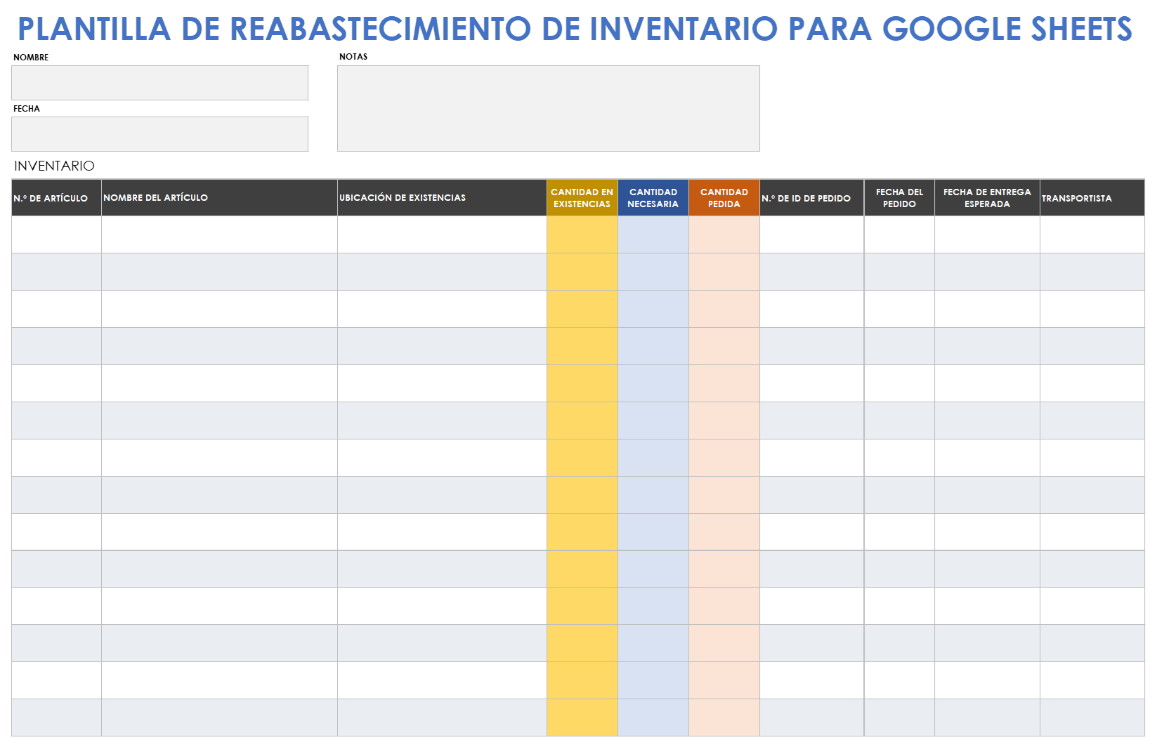  Plantilla de reabastecimiento de inventario de hojas de cálculo de Google