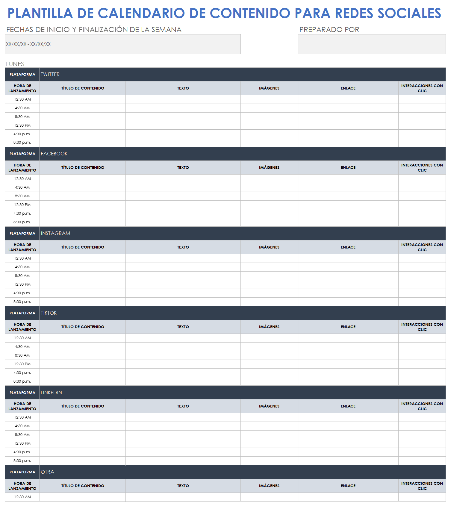 Plantilla de calendario de contenido de redes sociales