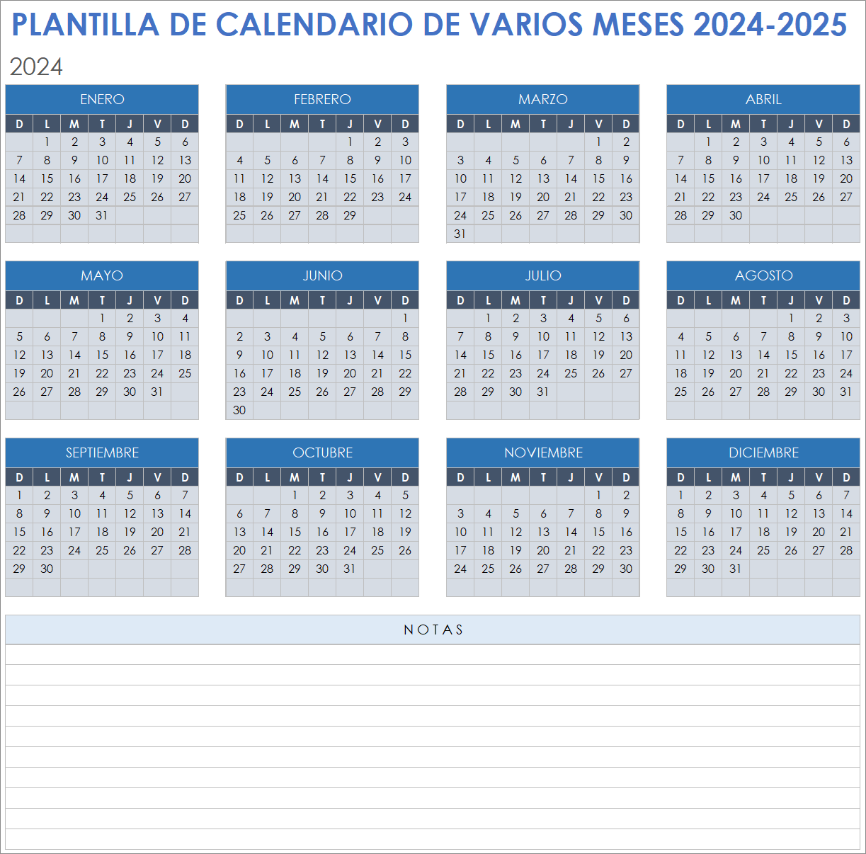  Plantilla de calendario de varios meses 2024-2025 Google Sheets