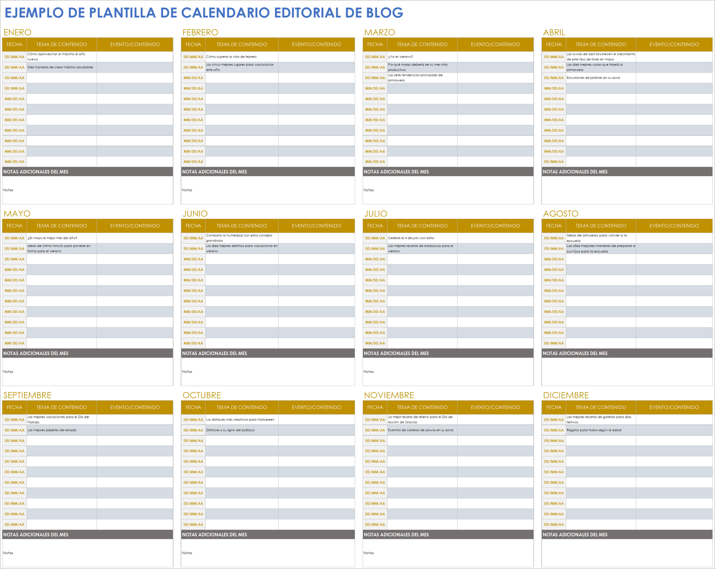  Plantilla de ejemplo de calendario editorial de blogs