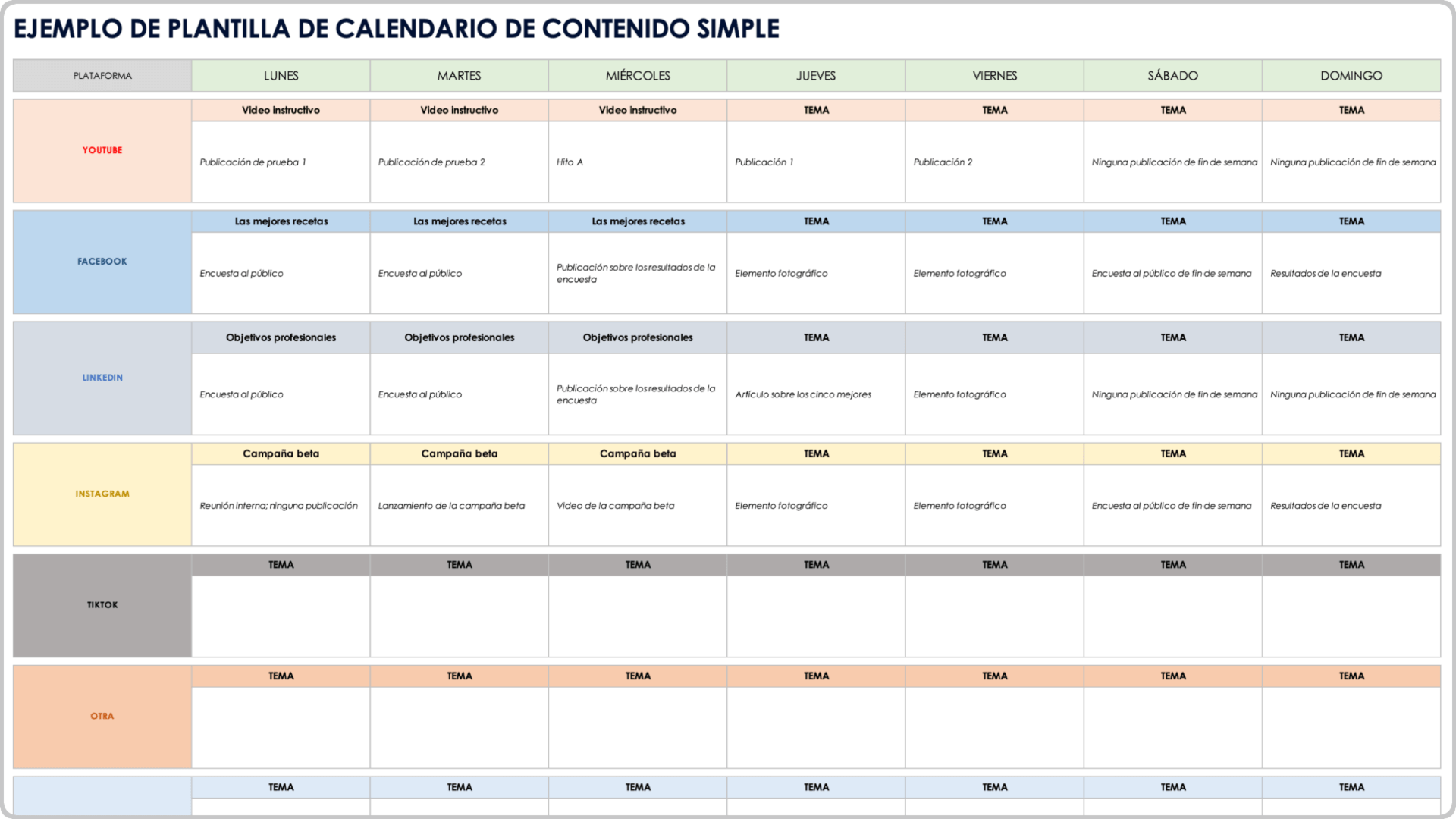 Ejemplo de plantilla de calendario de contenido de redes sociales simple