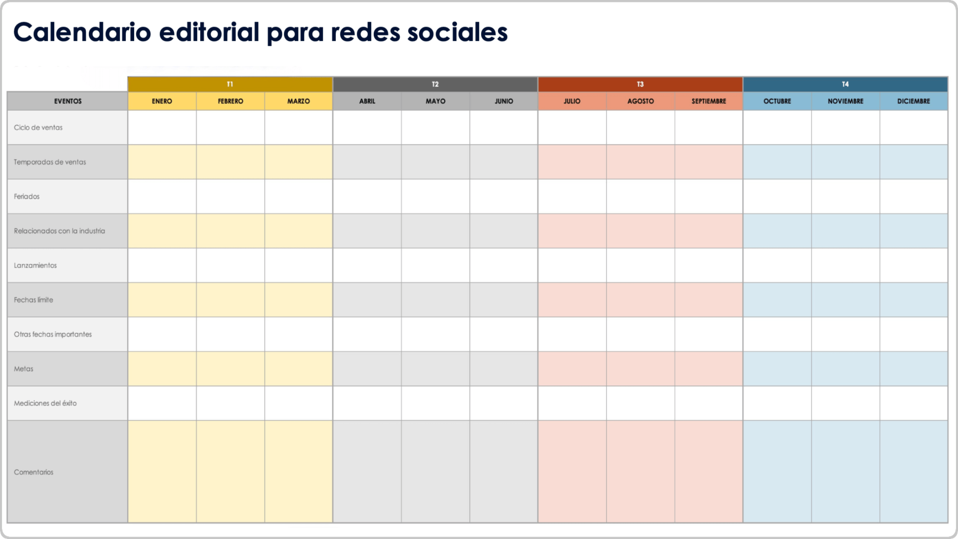 Plantilla de calendario editorial para redes sociales