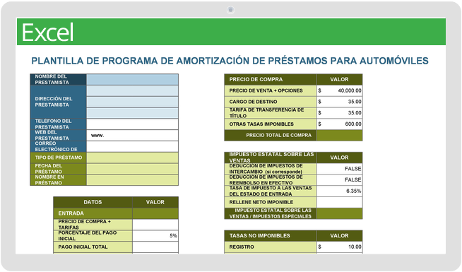 Calendario de calculadora de amortización de préstamos para automóviles