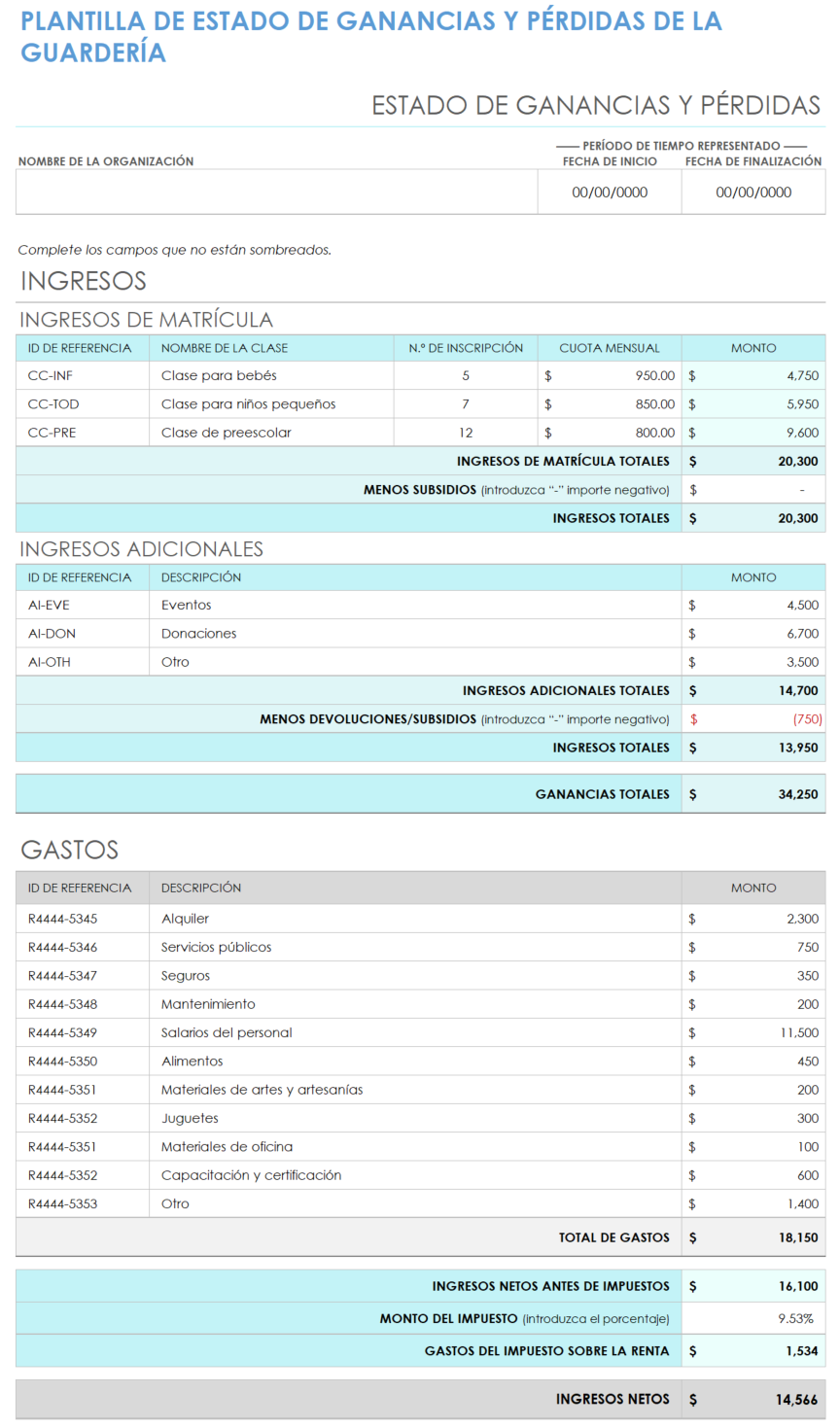 Plantilla de declaración de pérdidas y ganancias de guardería