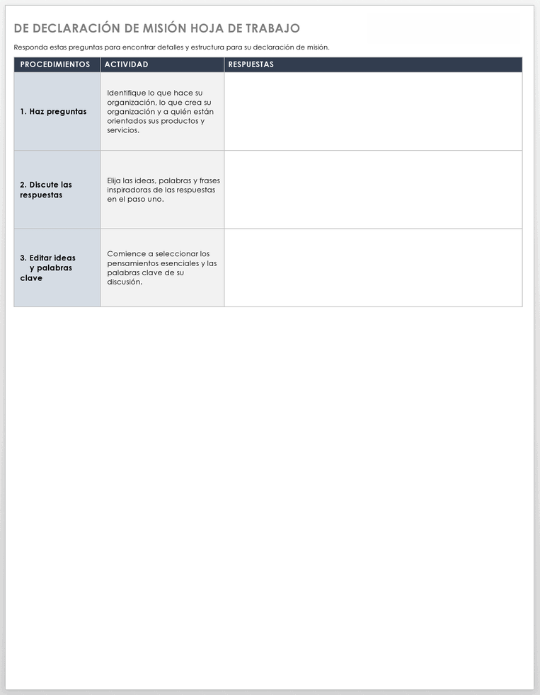 Hoja de trabajo de declaración de misión