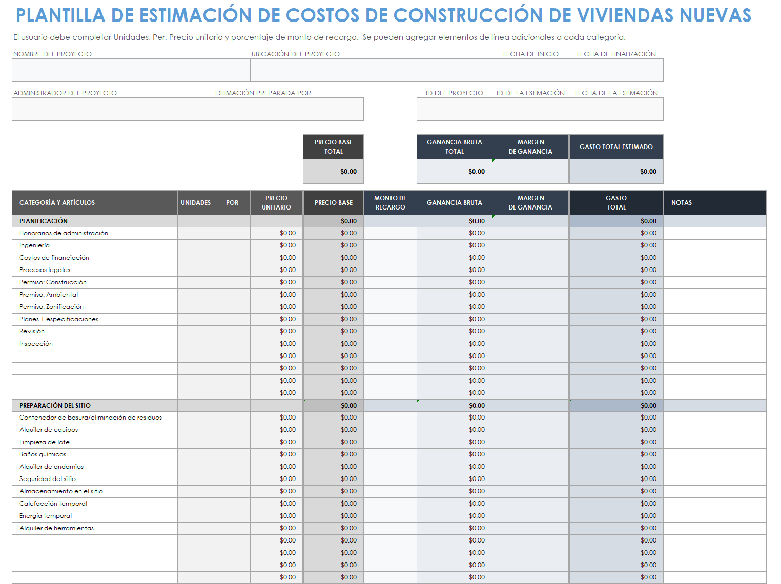 Plantilla de estimación de costos de construcción de casas nuevas