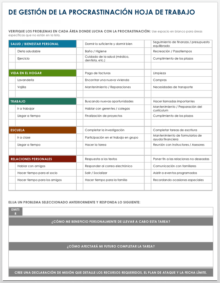 HOJA DE TRABAJO DE GESTIÓN DE LA PROCRASTINACIÓN