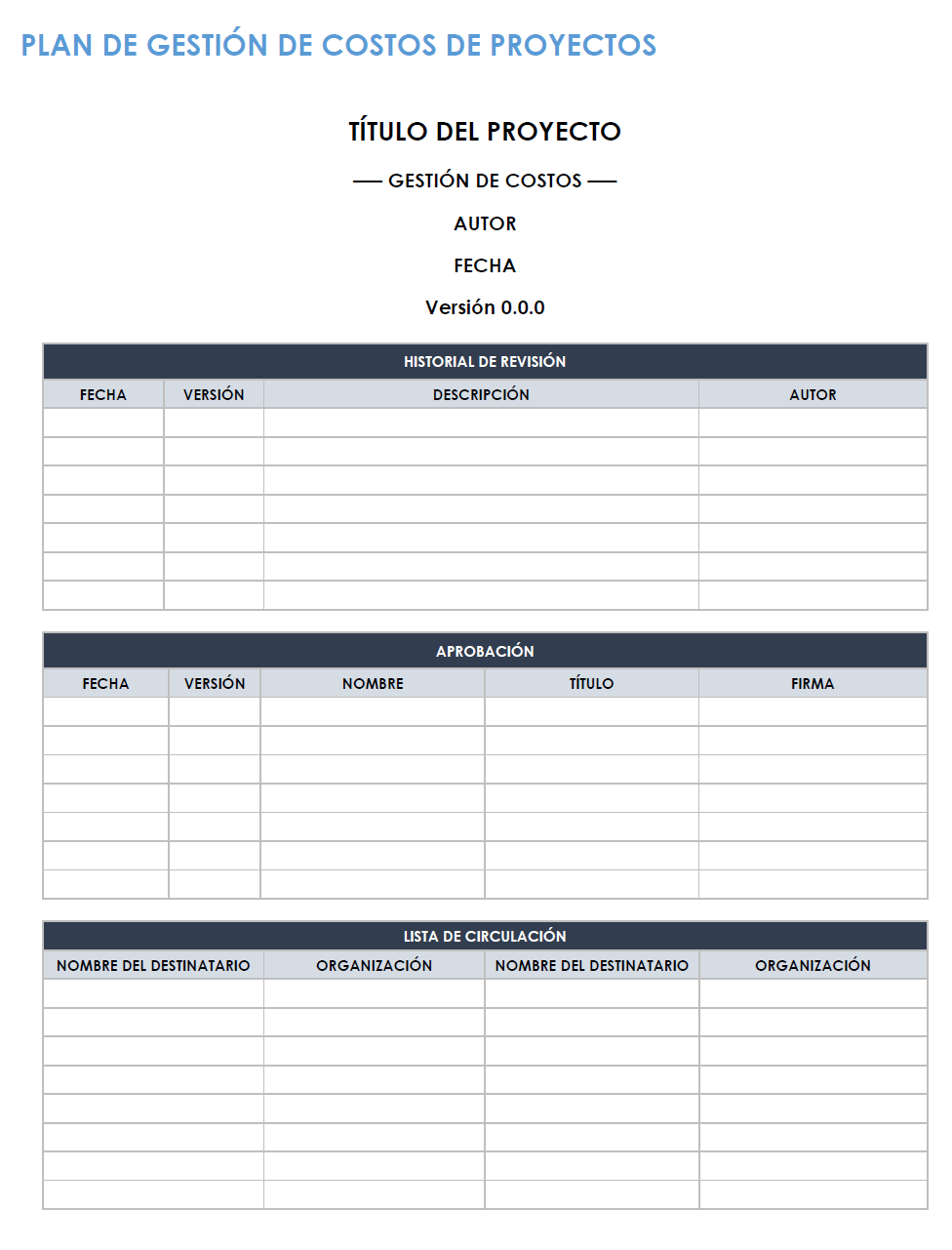 Plantilla de plan de gestión de costos de proyecto