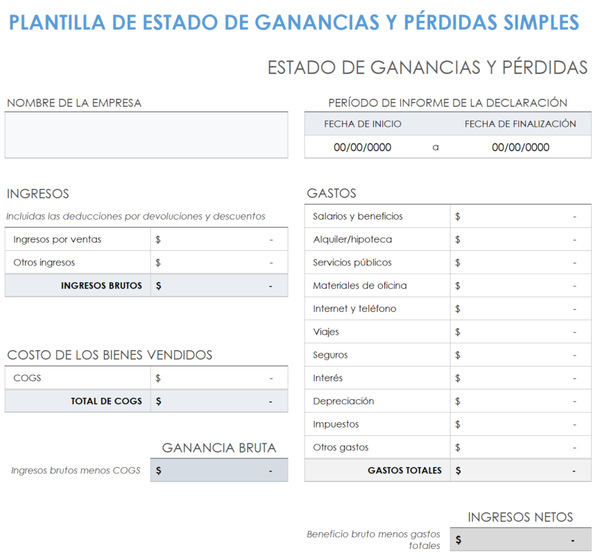 Plantilla de estado de pérdidas y ganancias simple